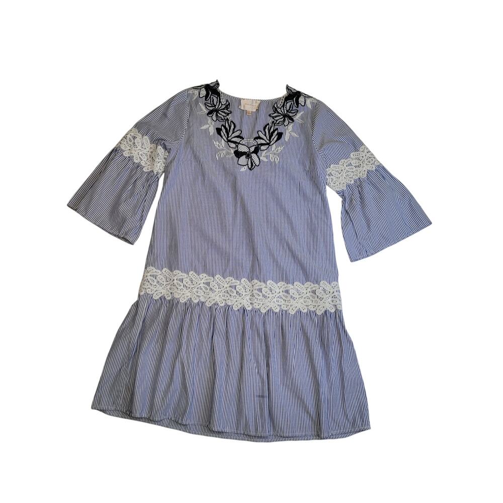 Skies Are Blue Tunic Blue White Stripped Midi Dress Floral Embroidery Small